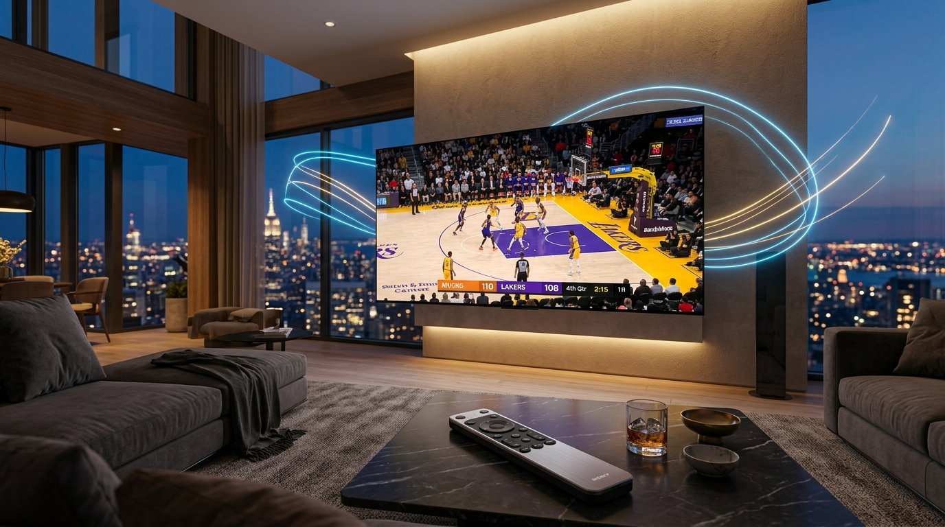 Best 5 iptv in usa Tested & Reviewed (Top Picks) 1 Large TV in a city apartment streaming a live basketball game via the top premium iptv in usa service.